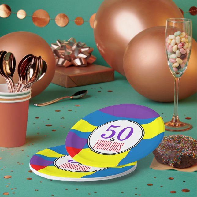 Modern 50th Birthday Colour Wave Party Plates (Multi)