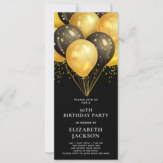 Modern 50TH Birthday Gold Black Balloons Black Invitation (Front)