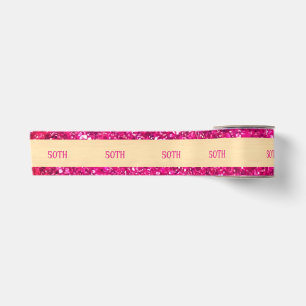 Modern 50th Birthday Gold Hot Pink Glittery Glam  Satin Ribbon