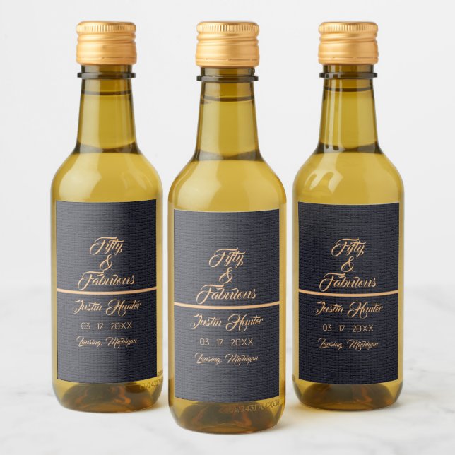 Modern 50th Birthday Gold Name Mini Wine Labels (Bottles)