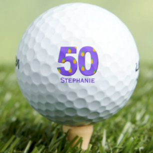 Modern 50th birthday golf balls purple initials