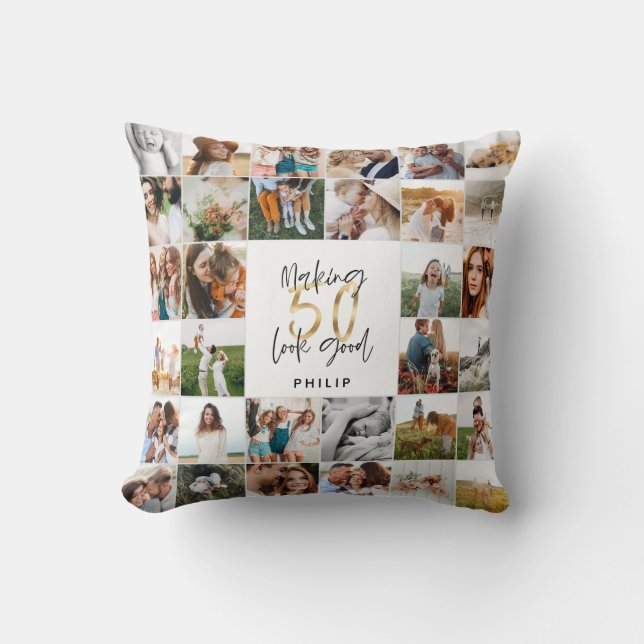 Modern 50th birthday multi photo script gift throw pillow (Front)