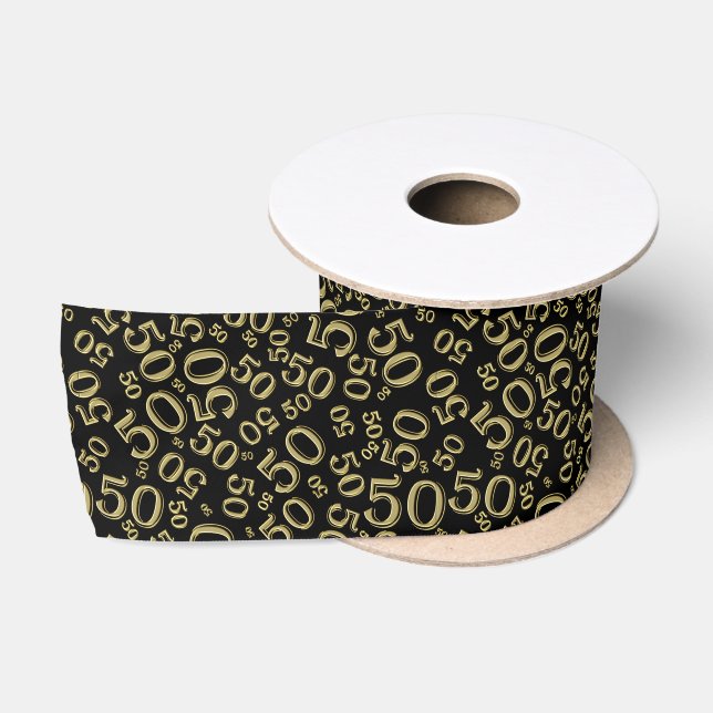 Modern 50th Birthday Number Pattern Black/Gold Satin Ribbon (Spool)