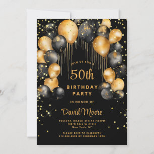 Modern 50th Birthday Party Black Gold  Invitation