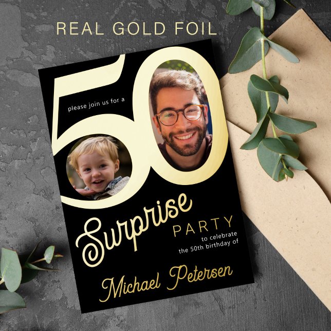 Modern 50th birthday party black gold photo  (Creator Uploaded)
