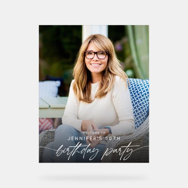 Modern 50th Birthday Party Photo Script Typography Acrylic Sign (Front)