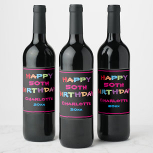 Modern 50th Birthday Personalized Name Colourful Wine Label
