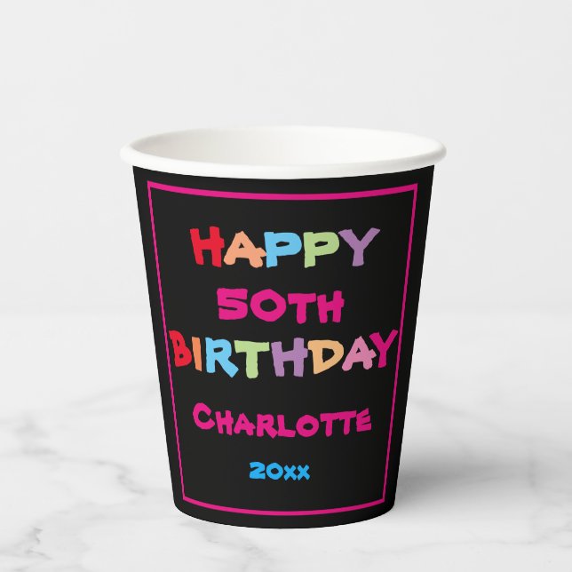 Modern 50th Birthday Personalized Name Cute Paper Cups (Front)