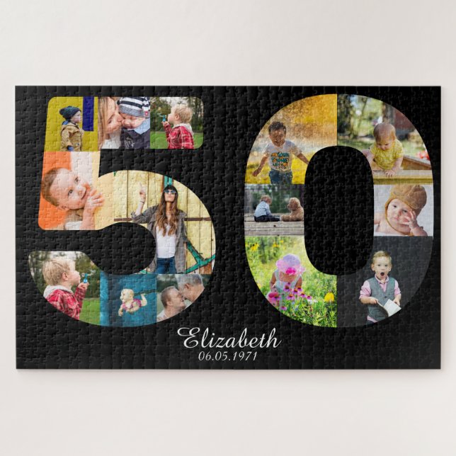 Modern 50th Birthday Photo Collage Create Your Own Jigsaw Puzzle (Horizontal)