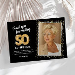 Modern 50th Birthday Photo Thank You Card<br><div class="desc">Elegant fiftieth birthday party thank you cards featuring a stylish black background that can be changed to any colour,  a photo of the birthday girl / boy,  gold sparkly glitter,  fifty gold hellium balloons,  and a modern thank you template that is easy to personalize.</div>