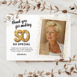 Modern 50th Birthday Photo Thank You Card<br><div class="desc">Elegant fiftieth birthday party thank you cards featuring a simple white background that can be changed to any colour,  a photo of the birthday girl / boy,  gold sparkly glitter,  fifty gold hellium balloons,  and a modern thank you template that is easy to personalize.</div>