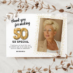 Modern 50th Birthday Photo Thank You Card<br><div class="desc">Elegant fiftieth birthday party thank you cards featuring a simple white background that can be changed to any colour,  a photo of the birthday girl / boy,  gold sparkly glitter,  fifty gold hellium balloons,  and a modern thank you template that is easy to personalize.</div>