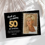 Modern 50th Birthday Photo Thank You Card<br><div class="desc">Elegant fiftieth birthday party thank you cards featuring a stylish black background that can be changed to any colour,  a photo of the birthday girl / boy,  gold sparkly glitter,  fifty gold hellium balloons,  and a modern thank you template that is easy to personalize.</div>