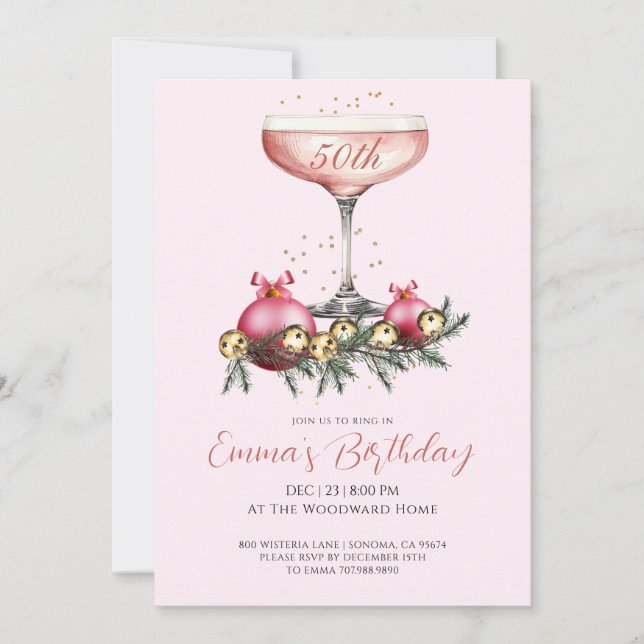 Modern 50th Christmas Birthday Party Blush Pink Invitation (Front)