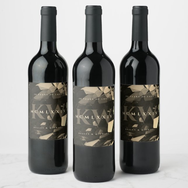 Modern 50th Wedding Anniversary Gold Black  Wine Label (Bottles)