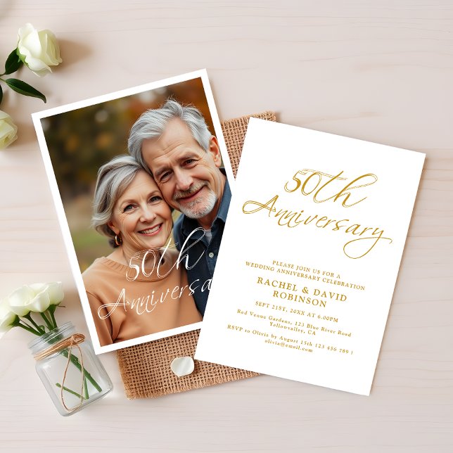 Modern 50th Wedding Anniversary Gold Script Photo Invitation (Creator Uploaded)