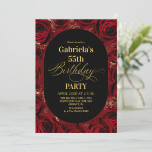Modern 55th Birthday Elegant Black Gold Floral Invitation