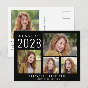 Modern 5 Photo Black Graduation Announcement Postcard