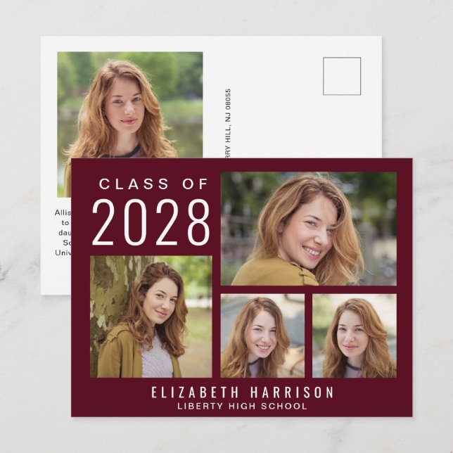 Modern 5 Photo Burgundy Graduation Announcement Postcard (Front/Back)