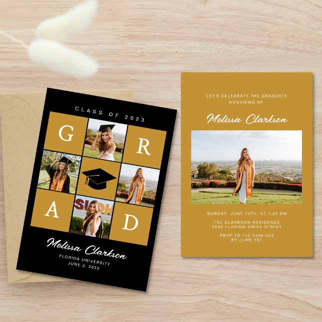Modern 5 Photo Collage Black & Mustard Graduation Invitation (Creator Uploaded)