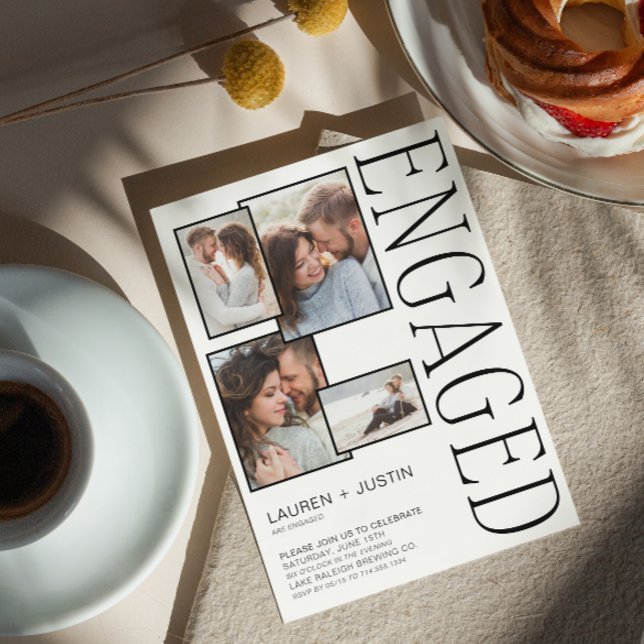 Modern 5 Photo Collage Black White Engagement Announcement (We're Engaged! Come Celebrate Our Love at Our Engagement Party. 🥂💍 [Your Details Here])