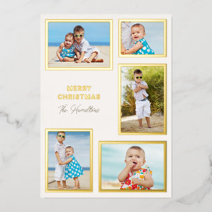 Modern 5-Photo Collage Christmas Gold Foil Holiday Card