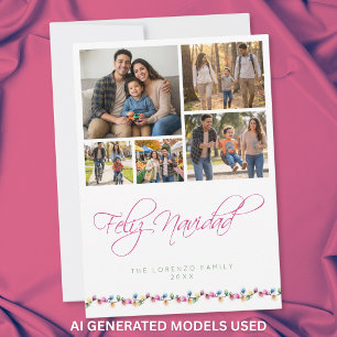 Modern 5 Photo Collage Feliz Navidad Colour Lights Holiday Card