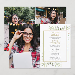 Modern 5 Photo Collage Greenery Graduation Party Invitation