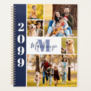 Modern 5 Photo Collage Monogram Name Navy Blue Planner