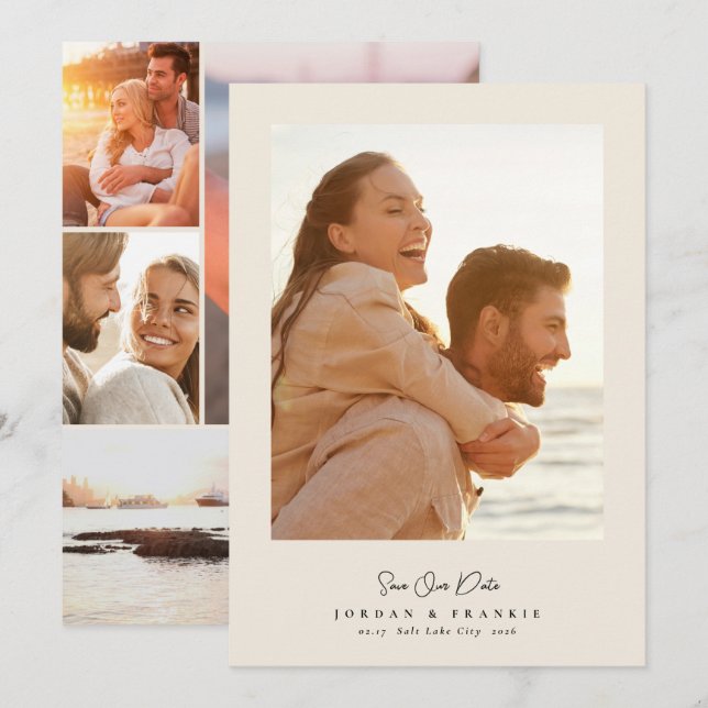 modern 5 photo collage script calligraphy wedding save the date (Front/Back)