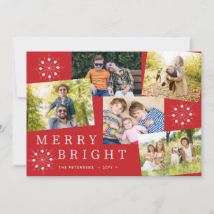 Modern 5 photo collage snowflakes red Christmas Holiday Card