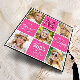 Modern 5 Photo Custom Hot Pink Monogram Graduate Graduation Cap Topper