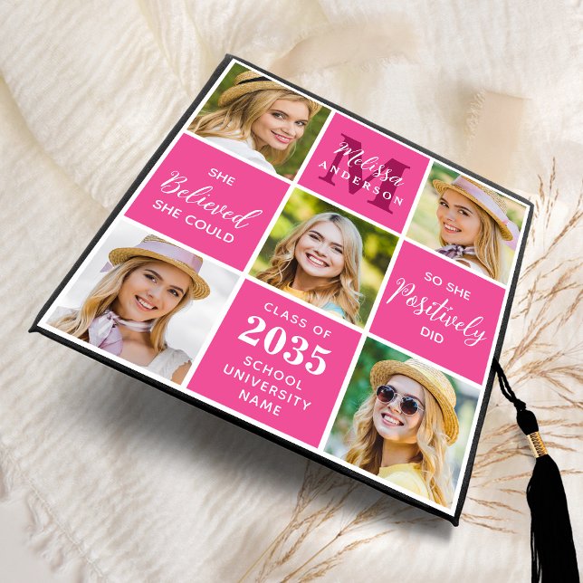 Modern 5 Photo Custom Hot Pink Monogram Graduate Graduation Cap Topper (Creator Uploaded)