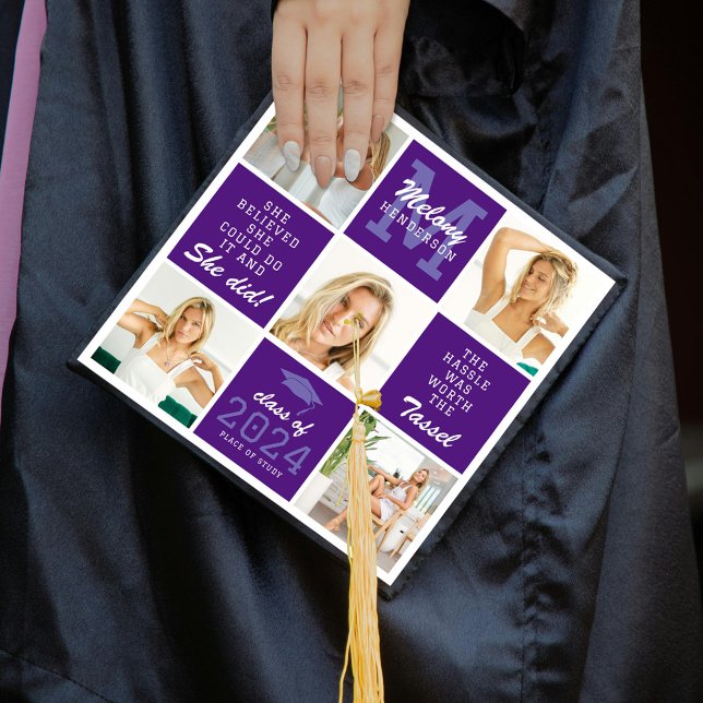 Modern 5 Photo Grid, Monogram & Quote Graduate Graduation Cap Topper (Creator Uploaded)
