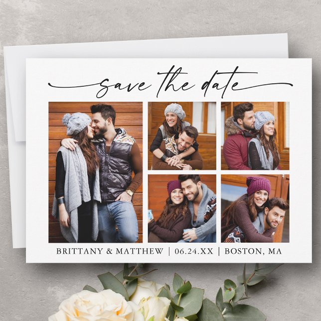 Modern 5 Photo Minimalist Ink Script Save The Date (Customize to change your personalized text size or text style.)