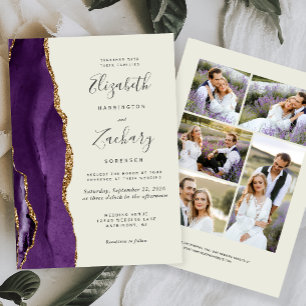 Modern 5-Photo Purple Gold Agate Ivory Wedding Invitation