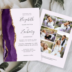 Modern 5-Photo Purple Gold Agate Lavender Wedding Invitation