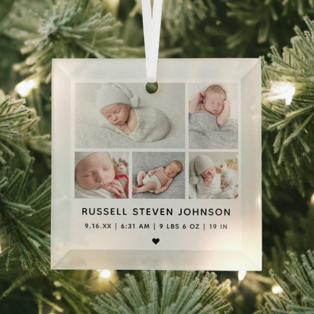 Modern 5 Photos Birth Announcement Glass Ornament (Insitu)