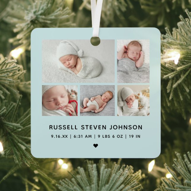 Modern 5 Photos Birth Announcement Metal Ornament (Insitu)