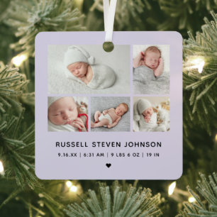 Modern 5 Photos Birth Announcement Metal Ornament