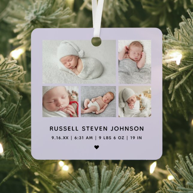 Modern 5 Photos Birth Announcement Metal Ornament (Insitu)