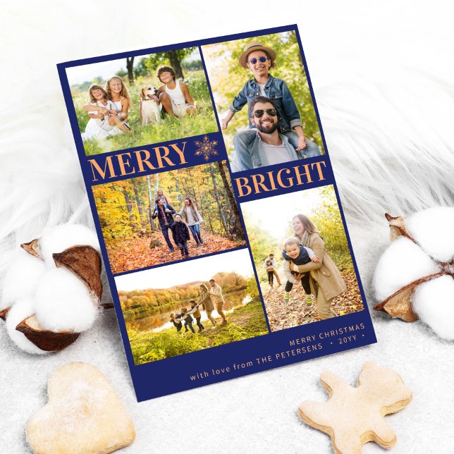 Modern 5 photos gold snowflake Christmas navy Holiday Card (Creator Uploaded)