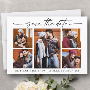 Modern 5 Photos Minimalist Ink Script Save The Date