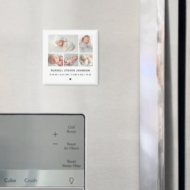 Modern 5 Photos on Grid Birth Announcement Magnet (In Situ (Fridge))
