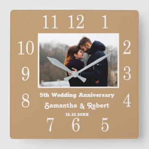 Modern 5th Wedding Anniversary Photo Wood Brown Square Wall Clock