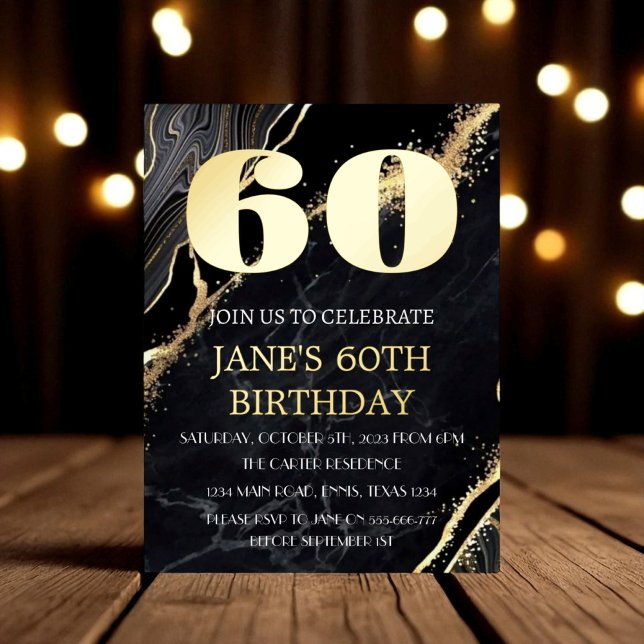 Modern 60th Birthday Black Gold Foil QR Code  Invitation Postcard (Creator Uploaded)