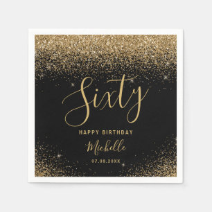 Modern 60th Birthday Black Gold Glitter Name Napkin