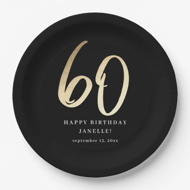 Modern 60th Birthday Black & Gold Script Paper Plate (Front)
