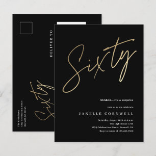 Modern 60th Birthday elegant black & gold script Invitation Postcard