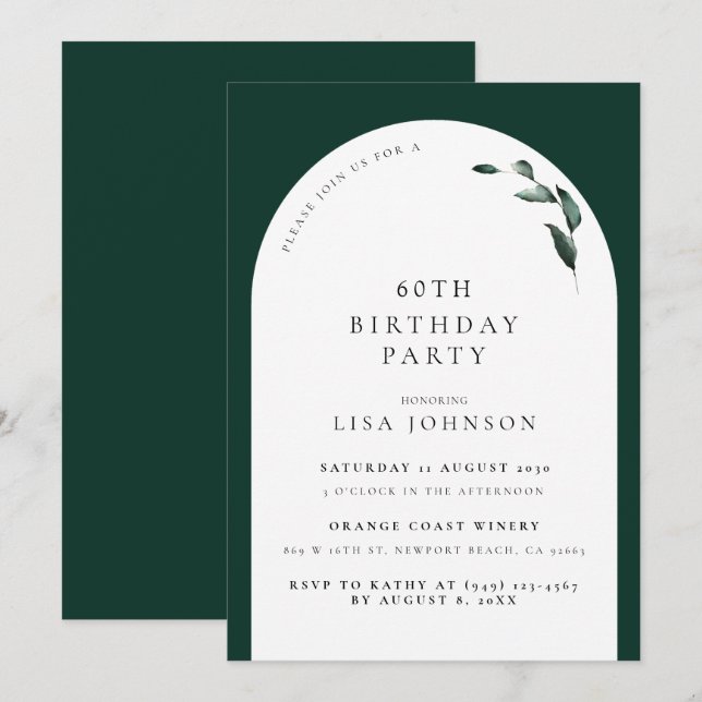 Modern 60th Birthday Emerald Green Arch Botanical Invitation (Front/Back)